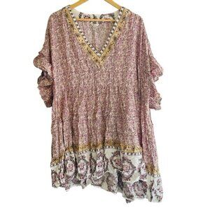 Cato Boho Floral Peasant Tunic Dress Pink Ruffle Hem Size 22/24W Cottagecore